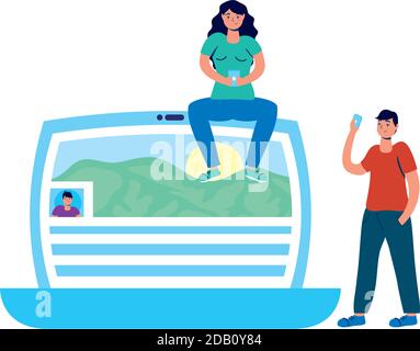 young couple using smartphones seated in laptop vector illustration design Stock Vector