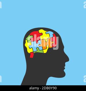 Silhouette of head man with puzzle pieces in the brain. Education, knowledge, psychology, memory, logic concept. Mental and brain illness. Isolated on Stock Vector