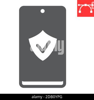 Device security glyph icon, security and protection, smartphone with shield sign vector graphics, editable stroke solid icon, eps 10. Stock Vector