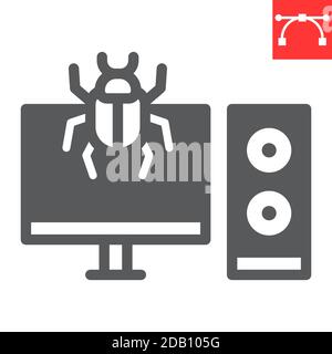 Infected computer glyph icon, security and pc virus, computer virus attack sign vector graphics, editable stroke solid icon, eps 10. Stock Vector