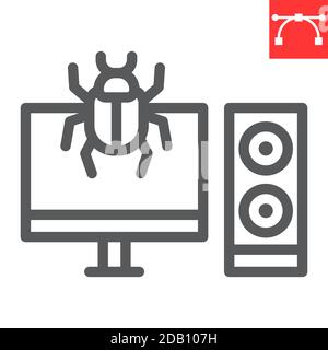 Infected computer line icon, security and pc virus, computer virus attack sign vector graphics, editable stroke linear icon, eps 10. Stock Vector