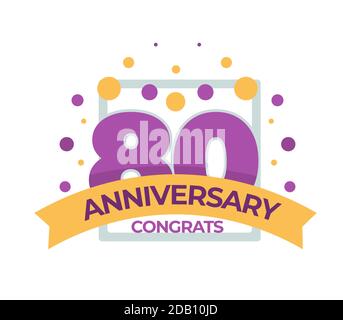 80 Anniversary congrats birthday isolated icon with confetti and ribbon Stock Vector