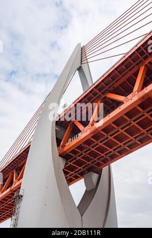 Dongshuimen cable bridge pylon against sky in Chongqing, China Stock Photo