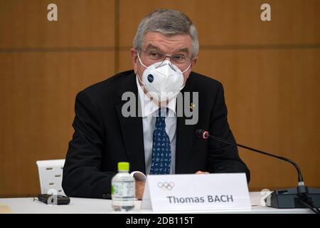 Tokyo, Japan. 16th Nov, 2020. International Olympic Committee President Thomas Bach wears a face mask as he speaks during a press conference on November 16, 2020 in Tokyo, Japan. Mr Bach is making a three-day visit to Tokyo to discuss the 2020 Olympic and Paralympic Games that were postponed because of the Covid-19 coronavirus pandemic. A recently announced vaccine to the virus has raised hope that the Games will go ahead with foreign spectators. Credit: POOL/ZUMA Wire/Alamy Live News Stock Photo