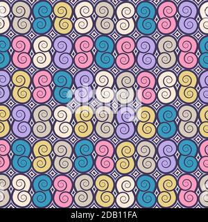 Curl spiral swirl abstract colorful ornament seamless pattern, graphic pastel multicolored tracery, doodle drawing. For fabric design, wallpaper, wrap Stock Vector