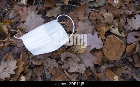 Face mask on the ground covered with autumn leaves.Top view. Threw out a protective medical mask in the park. Stock Photo