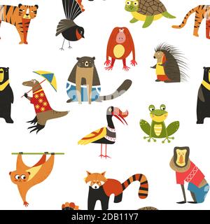 Exotic animals variety seamless pattern, lemur and hedgehog Stock Vector