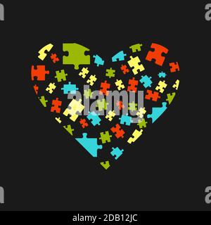 Heart with multicolored puzzle pieces inside on a black background. Vector flat illustration. Stock Vector