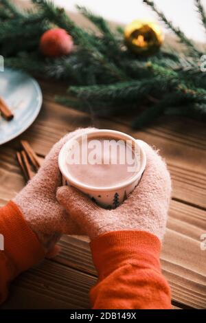 Closeup hands in mittens holding cup of hot chocolate. Christmas hot drink Stock Photo