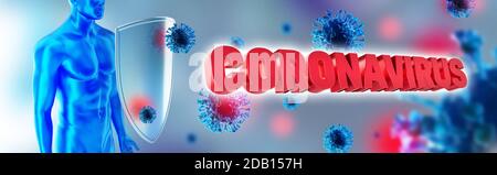 Immune system, protection against viruses, bacterias and Covid-19. Humans shield against the coronavirus. Immune defense fights with viruses. 3d rende Stock Photo