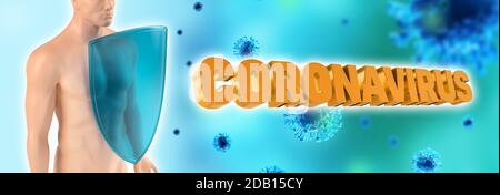 Immune system  fights with Covid-19. Humans shield against the coronavirus. Immune defense fights with viruses. 3d rendering. Stock Photo