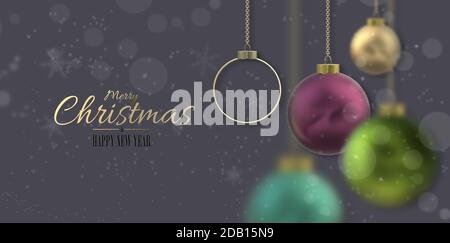 Christmas design with blurred balls. Xmas 3D realistic balls baubles, snow on dark pastel grey background. 3D illustration, Golden text Merry Christmas Happy New Year. Stock Photo