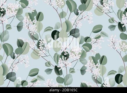 Eucalyptus watercolor leaf seamless pattern, evergreen plant, botanical illustration, dollar silver flower. Blue green wedding texture. Tropical bouqu Stock Vector