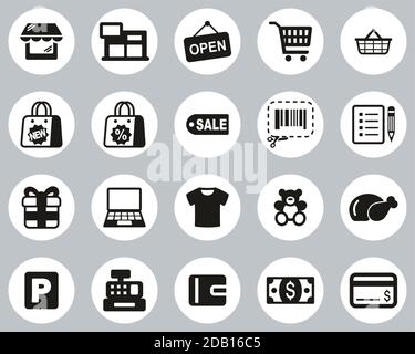 Shopping Mall Or Supermarket Icons Black & White Flat Design Circle Set Big Stock Vector