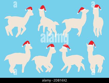 Llamas silhouette with Santa hat collection. Vector illustration set. Isolated on white background Stock Vector