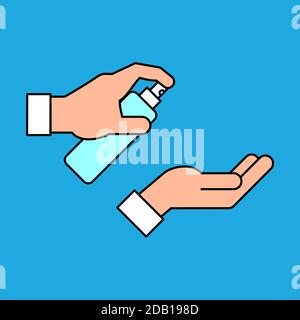 Hand holding spray bottle sanitizer. Hand disinfectant. 70% alcohol. Hands disinfection color icon. Blue background. Antiseptic product. Vector, flat Stock Vector