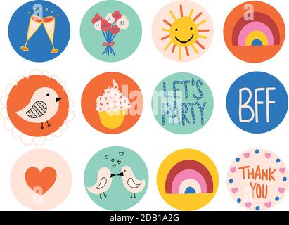 Icon set cute. Hand drawn vector elements on circles. For kids and party decor. Wallpaper screen icons for mobile phones. Stock Vector