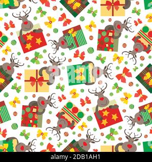 Vector cartoon reindeer with giftboxes seamless pattern background. Cute animal characters with square bow tied presents on white background Stock Vector