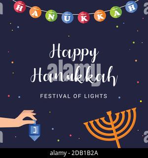 Happy Hanukkah lettering greeting card. Festive poster print typographical inscription. Hanukkah background with golden menorah pattern, traditional Stock Vector