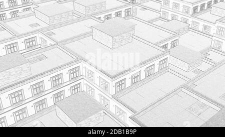 Drawing city roofs Line art Modern continuous 3d render Stock Photo