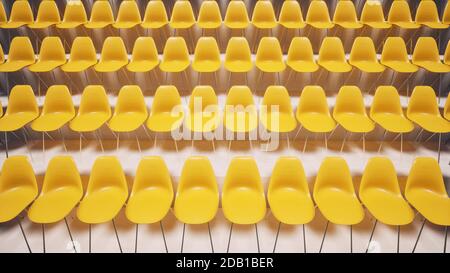 Aerial view drone flies over empty stadium row orange seats during coronavirus COVID-19 pandemic 3d render Stock Photo