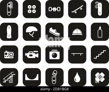 Skateboarding Extreme Sport & Equipment Icons White On Black Flat Design Set Big Stock Vector
