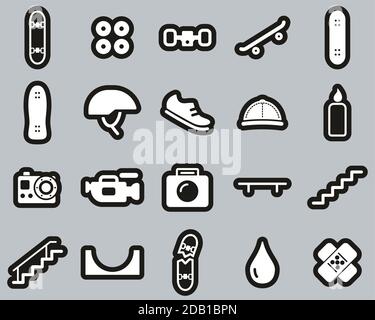 Skateboarding Extreme Sport & Equipment Icons White On White Sticker Set Big Stock Vector