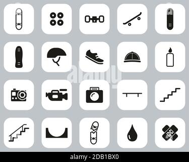 Skateboarding Extreme Sport & Equipment Icons Black & White Flat Design Set Big Stock Vector