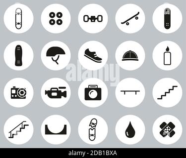 Skateboarding Extreme Sport & Equipment Icons Black & White Flat Design Circle Set Big Stock Vector