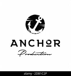 Rustic Retro Vintage Anchor Hand Drawn, Boat Ship Marine Navy Nautical logo design Stock Vector