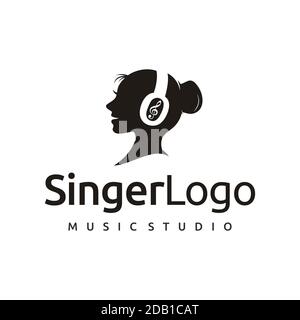 Singer with headset and Music Notes - Singing Woman head Face Silhouette logo design Stock Vector