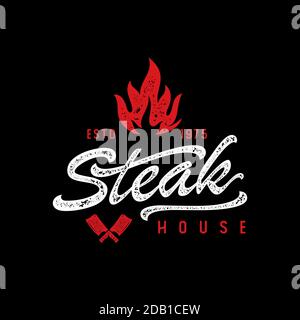 Steak house with fire flame and crossed cleavers in vintage rustic grunge style. Hand drawn engraved bonfire or burn sketch. Vector logo design Stock Vector