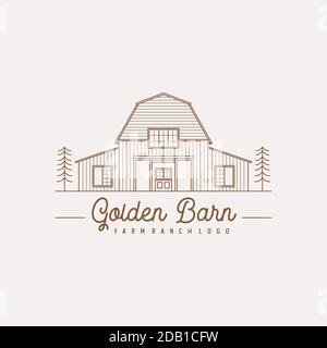 Vintage Retro Golden Wood Barn Farm Minimalist Logo design with line art style Stock Vector