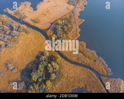 Aerial Shot of the Misty Autumn Floodplains of the Dnieper River with Reed islands in the river Stock Photo