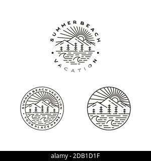 Mountain, Sea, Waves, pine tree and Sun for Hipster Adventure Travel logo design set Stock Vector