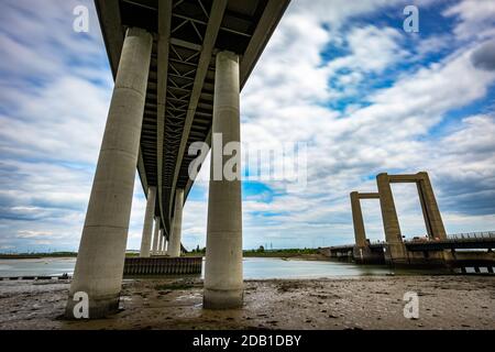 Sheppey Crossing with the older Kingsferry Bridge In Kent In The Untited Kingdom Stock Photo