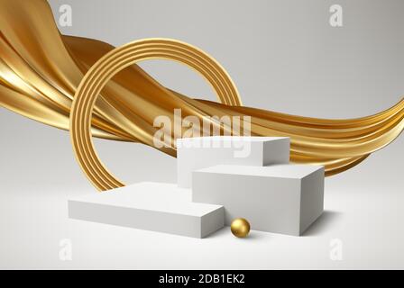 Background 3d white podium product and realistic golden swirl on the white background. Modern white cube podium, great design for any purposes. Vector Stock Vector
