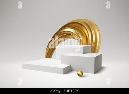 Background 3d white podium product and realistic golden swirl on the white background. Modern white cube podium, great design for any purposes. Vector Stock Vector