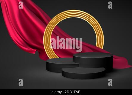 Background 3d black podium product and realistic red silk flying drape fabric, golden cirkle frame on the black background. Modern black podium, great Stock Vector