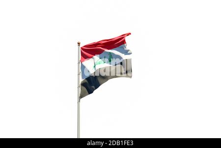 Beautiful national state flag of Iraq on white background. Isolated close-up flag 3D artwork. Stock Photo