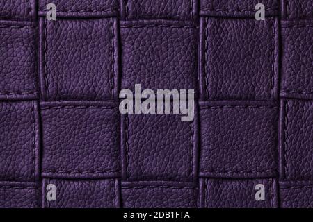 Texture of dark purple leather background with square pattern and stitch, macro. Abstract backdrop from modern decorative violet textile with geometri Stock Photo