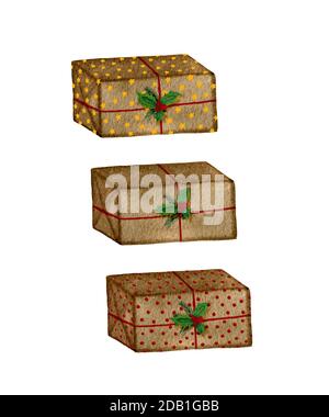 Collection of vintage Christmas gifts isolated on white, watercolor Christmas illustration with old Christmas presents, beautiful gift boxes set Stock Photo