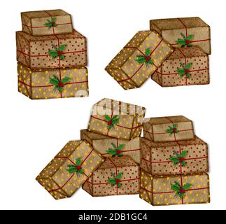Collection of vintage Christmas gifts isolated on white, watercolor illustration with Christmas presents, beautiful gift boxes set Stock Photo