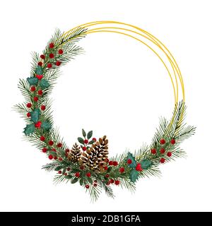 Festive Christmas golden frame with pine cones, fir tree, holly and berries, watercolor traditional Christmas wreath decoration isolated on white Stock Photo