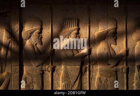 Relief sculpture of the subject people of the Achaemenian Empire in Apadana Palace, Persepolis, Iran. Stock Photo