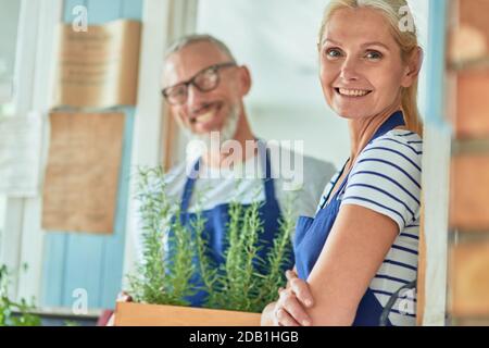 Middle aged caucasian couple in garden house with growing rosemary Stock Photo