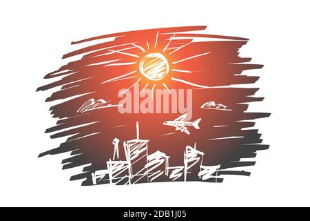 Hand drawn big city with skyscrapers and plane Stock Vector