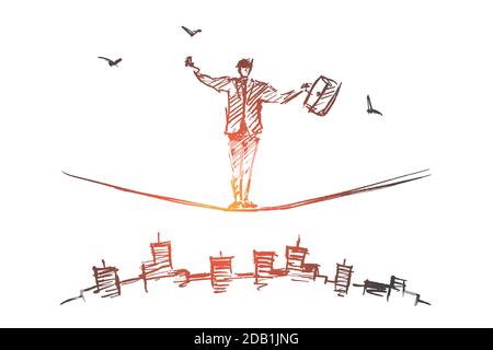 Hand drawn businessman balancing on rope over city Stock Vector