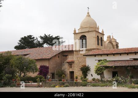 Mission San Carlos Borromeo del R’o Carmelo. First built in 1797, is one of the most authentically restored Roman Catholic mission churches in California. Located at the mouth of Carmel Valley, California, it is on the National Register of Historic Places and is a National Historic Landmark. Stock Photo