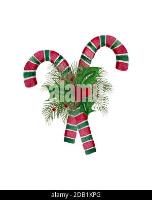 Candy cane Christmas decoration with fir tree branches, holly and berries, watercolor Christmas candy cane illustration for cards, season greetings Stock Photo